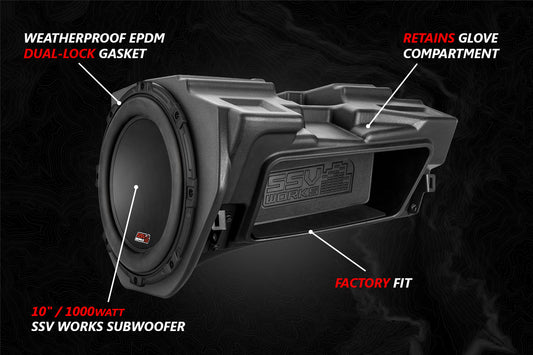 SSV Works 10" plug-&-play 1000watt subwoofer add-on for Polaris RZR with Ride Command and factory audio