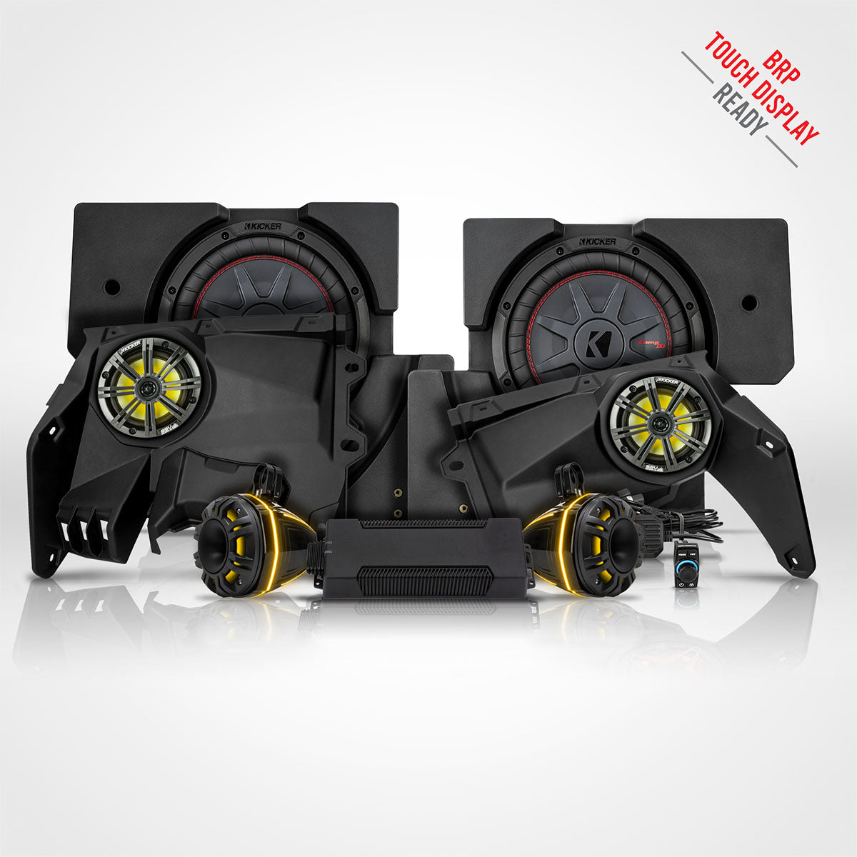 Complete SSV Works Phase-6 K-Spec audio kit for Can-Am X3 with two Kicker subwoofer enclosures, four illuminated speaker pods, amplifier, control knob, and wiring harness, BRP Touch Display ready